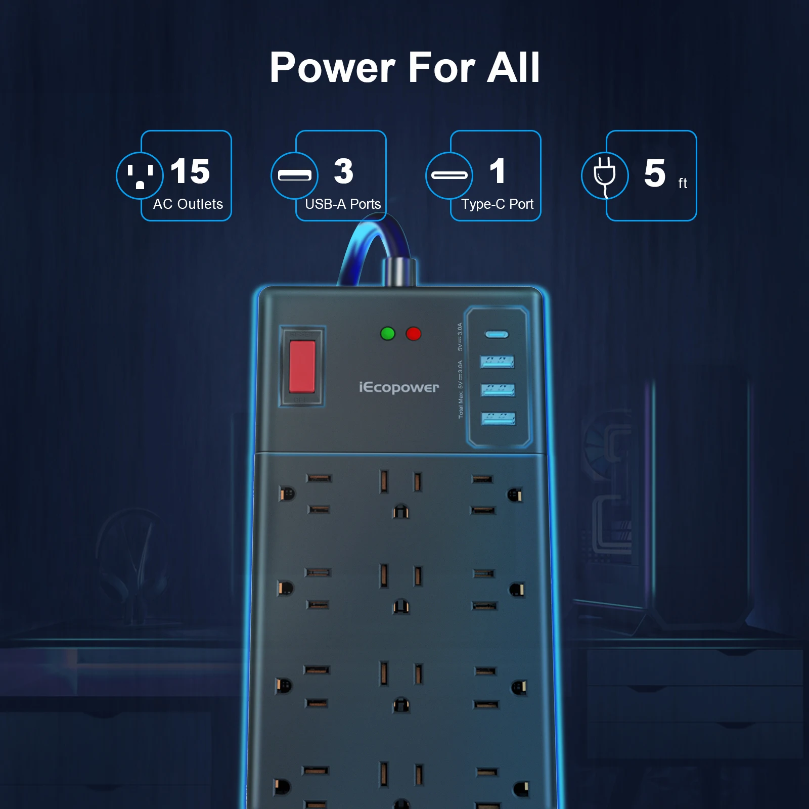 Surge Protector Power Strip 15 Widely Spaced Outlets and 4 USB Ports 1875W 15A Heavy Duty Power Strip Surge Protector