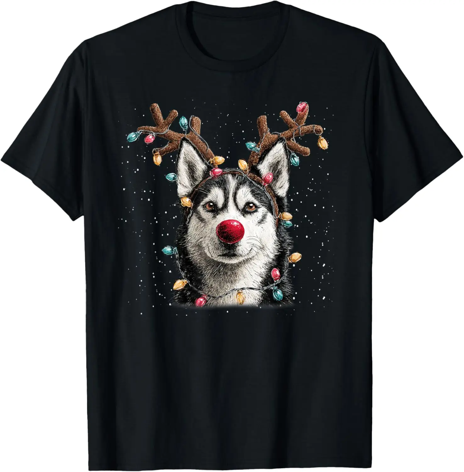 

Husky Rudolph Christmas Lights Graphic Tee Men's Breathable Short Sleeve T-Shirt