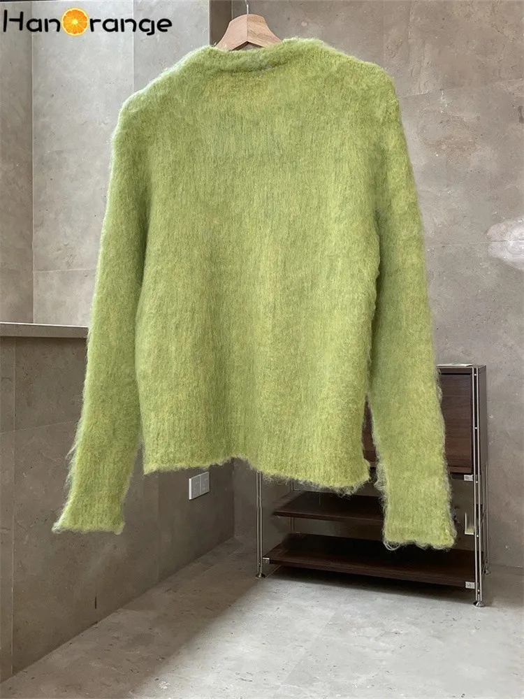 HanOrange 2024 Autumn Winter Woolen Loop Yarn Wool Sweater Women Soft Loose Grass Green Top