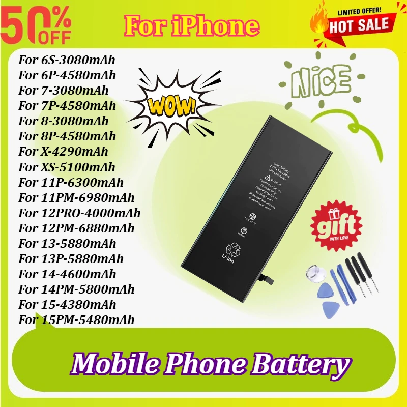 

High-Capacity Mobile Phone Battery for IPhone 6 7 8 X 11 11PRO 12 12PRO 13 14 15 Replacement Lithium Polymer Bateria with Tools