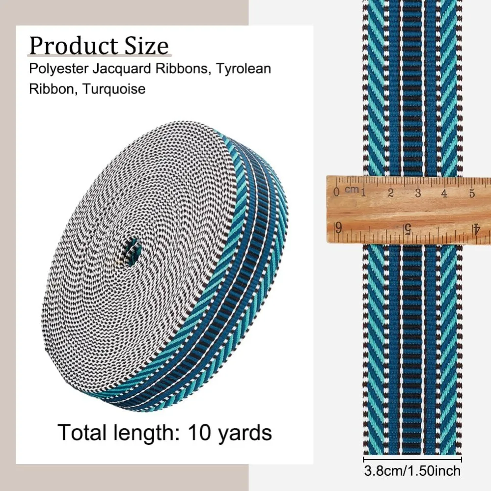 10Yards Turquoise Jacquard Polyester Webbing 1-1/2 Inch Webbing Polyester Canvas Stripe Pattern Nylon Webbing Flat Webbing Strap