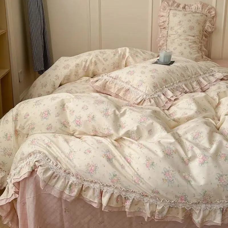 

3/4Pcs Flower Prints 100% Cotton Korean Princess Style Bedding Set Single Queen Duvet Cover Bed Sheet/Fitted Sheet Pillowcase