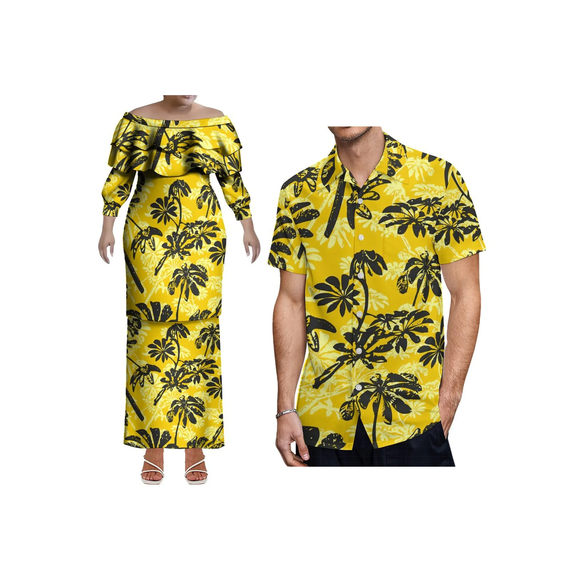 2025 novo estilo design personalizado senhoras fora do ombro vestido 2 peça conjunto samoa puletasi vestido plus size dupla camada babado vestido