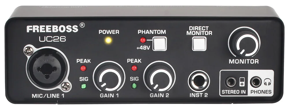FREEBOSS Stereo Recording Audio Interface Guitar ASIO4ALL 3 Channels Input Monitor 48V External Usb Sound Card for Studio UC26