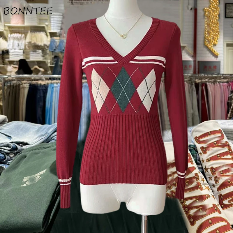 

Женские пуловеры Argyle со вставками, шикарные вязаные длинные рукава с v-образным вырезом, милые пряные девушки, облегающие универсальные Harajuku, модные повседневные Mujer
