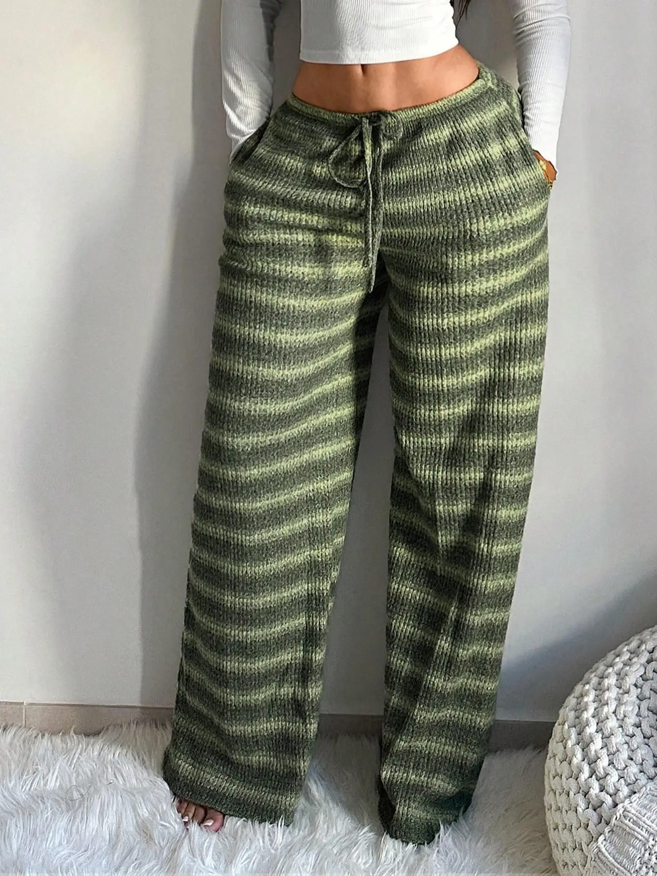 

Women's Striped Wide Leg Pants Spring Drawstring Waist Knit Texture Pockets Long Pants Casual Loungewear & Streetwear Outfit