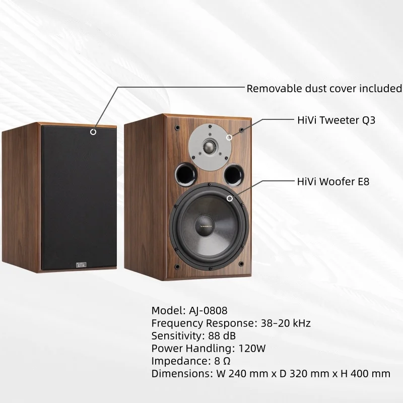 AJ-0808 8-Inch Passive Bookshelf Speakers, 50-100W Power, 88dB Sensitivity, 8Ω Impedance, 38Hz-20kHz Frequency Response