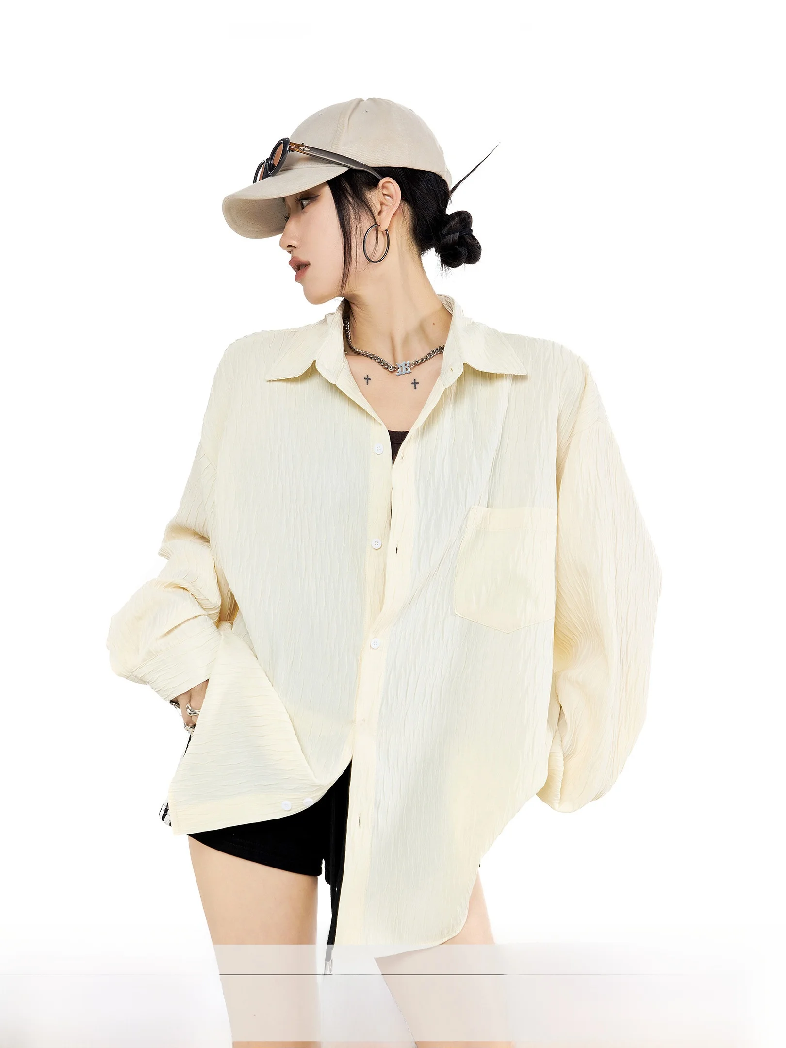 

Легкая женская летняя солнцезащитная рубашка с длинным рукавом, повседневная свободная верхняя одежда ICHMODE с текстурой