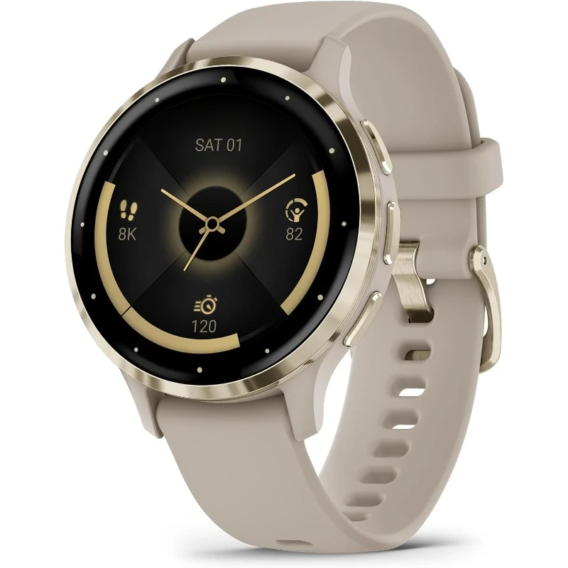 Venu 3S Soft Gold Stainless Steel Bezel 1.2-Inch  Touchscreen Display Smart Watch with 41mm French Gray Case and Silicone Band