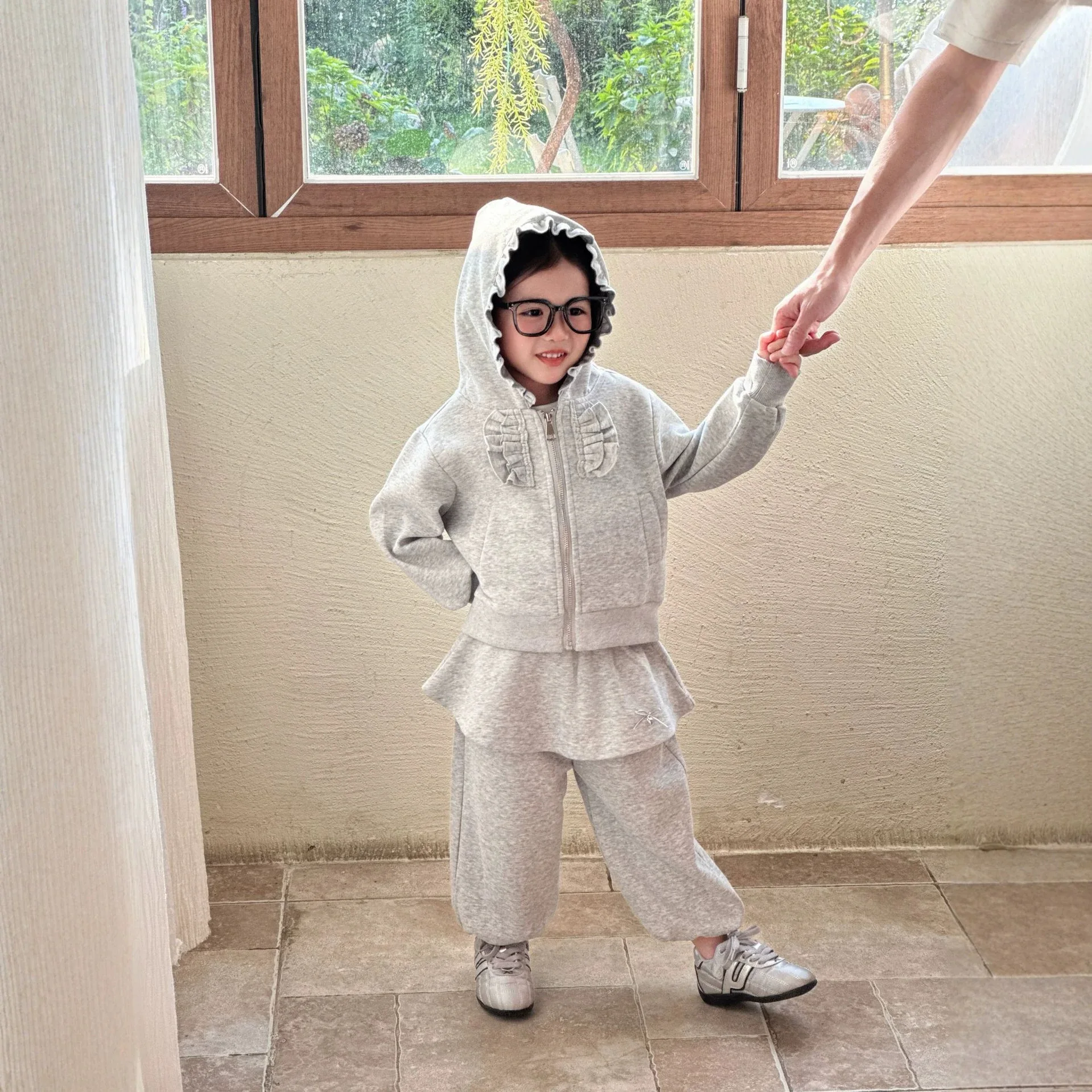 Girls Fall Set Korean Grey Composite Hooded Ruffled Jacket Diaper Cover Casual Sweatpants Two Piece Set