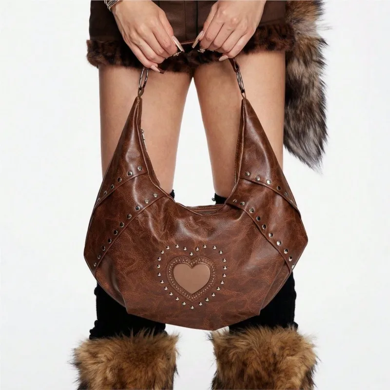 

2025 популярная коричневая сумка для девочек подмышки Y2k, женская ретро-сердечко с бисером, шикарная кожаная сумка-тоут большой вместимости, женская уличная сумка