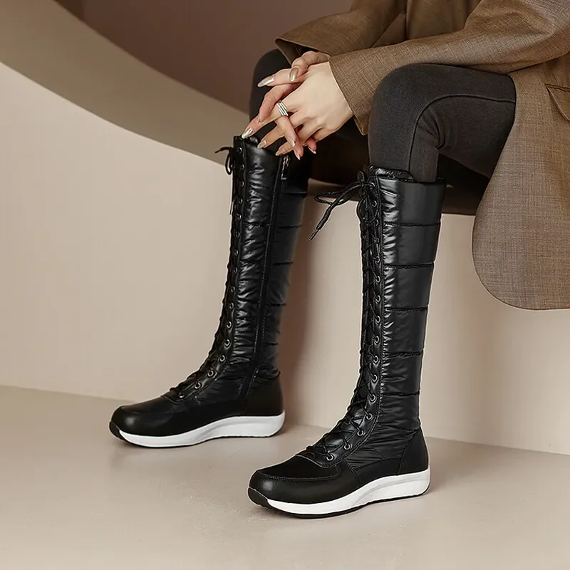 Women Leather Lace Up Side Zipper Long Tube Fleece Snow Boots Non Slip Tall Cotton Winter Shoes Warm Large Size Footwear