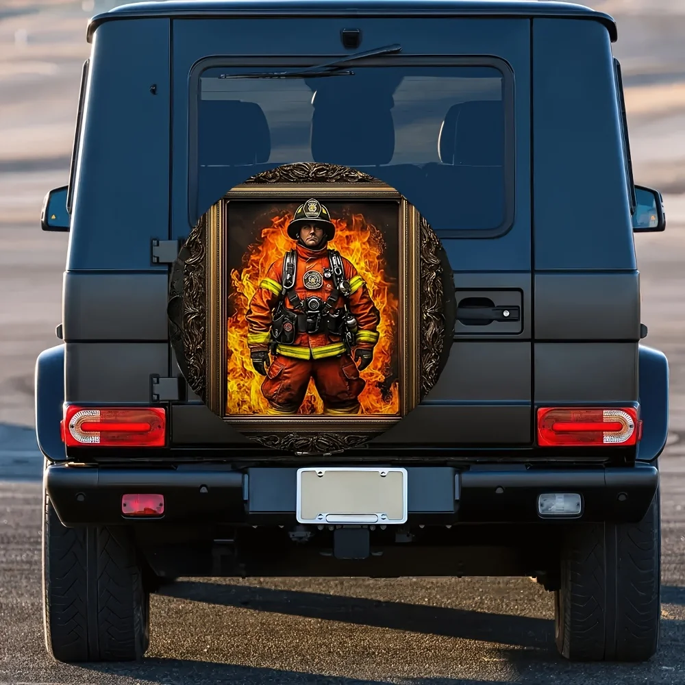 Firefighter Portrait Tire Cover Polyester Fiber Dustproof Spare Wheel Protector For SUV Truck