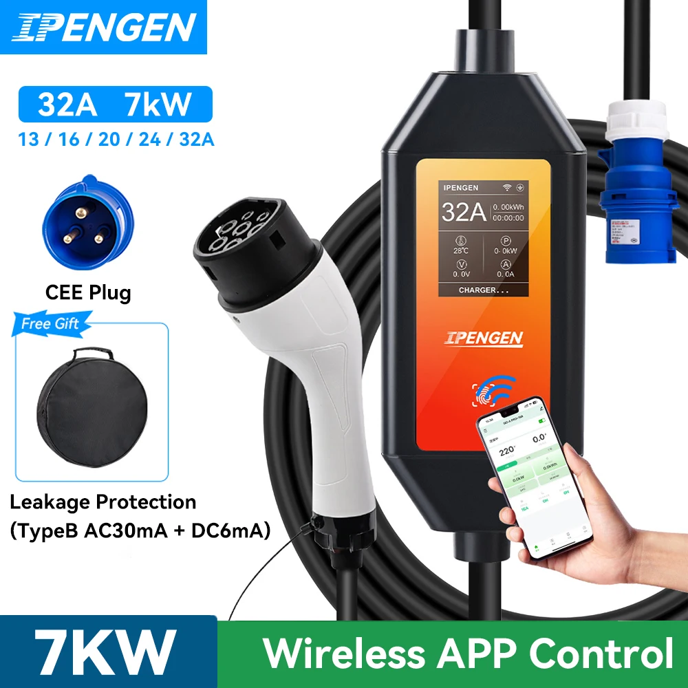 

IPENGEN 32A 7KW Type2 Type1 Зарядное устройство для электромобилей Портативное зарядное устройство для электромобилей GB/T 1 фаза EVSE Зарядка 5 м Кабель Wi-Fi Управление через приложение