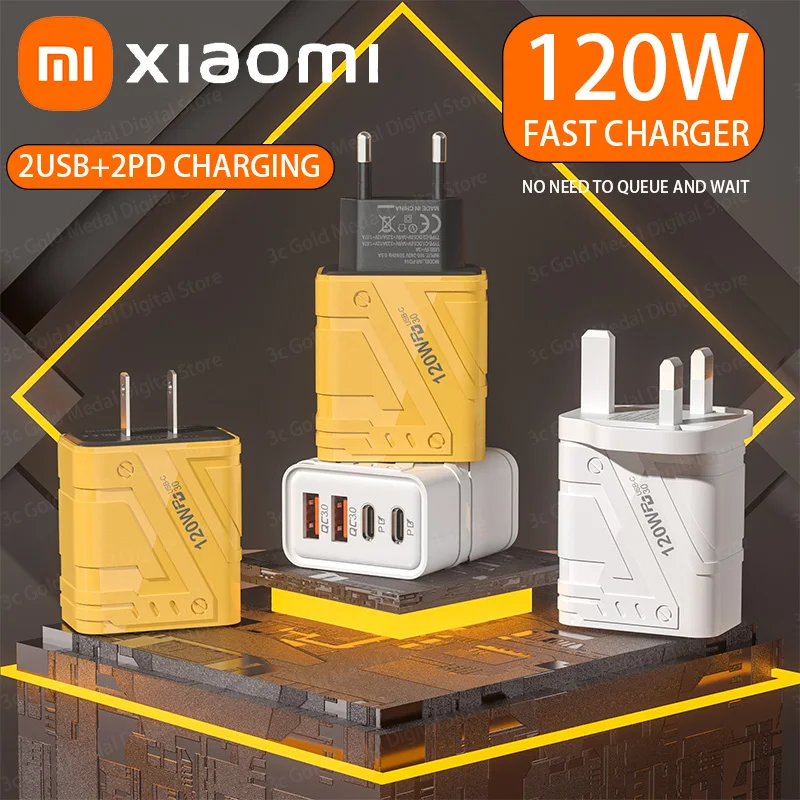 Xiaomi 120w 4 portas de carga rápida usb 3.0 telefones rápidos carregador pd adaptador para iphone samsung ue/eua/reino unido plug adaptador parede