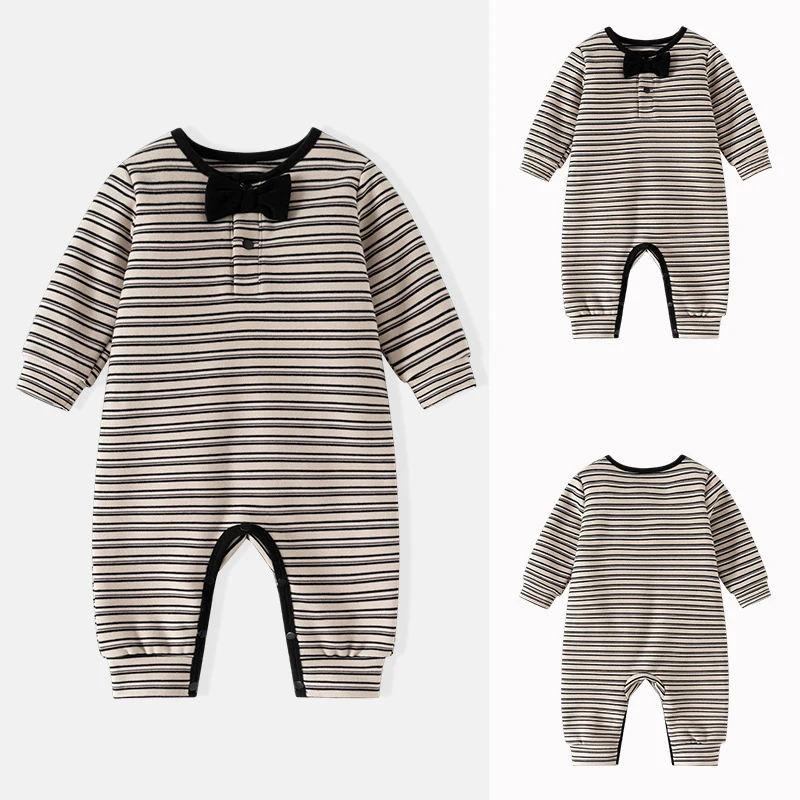 

Весенне-осенние комбинезоны для маленьких мальчиков, полосатые бархатные комбинезоны с бантом и аппликацией для новорожденных девочек, боди с круглым вырезом для маленьких мальчиков