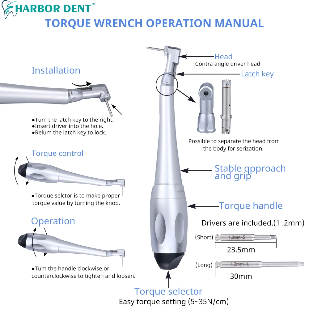 16pcs Dental Implan Ttool Restorat Adjustable Universal Implant Torque Wrench 5N-35N Drivers 2.35mm Latch Type Bits Contra Angle