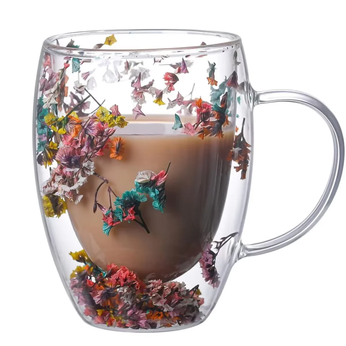 NONE 300 ml doppelwandige Blumen-Kaffeetasse aus Glas mit hohem Borosilikatgehalt, transparenter Tee- und Milchtrinkbecher mit trockenem Blumen-Design für Geschenke 3