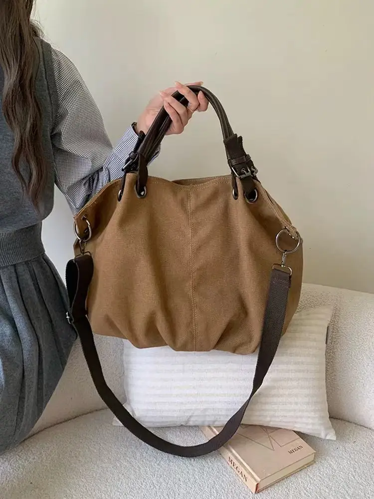 Large Capacity Canvas Tote Bag Vintage Japanese Style Single Shoulder Crossbody Commuter Bag for Students And Young Adults