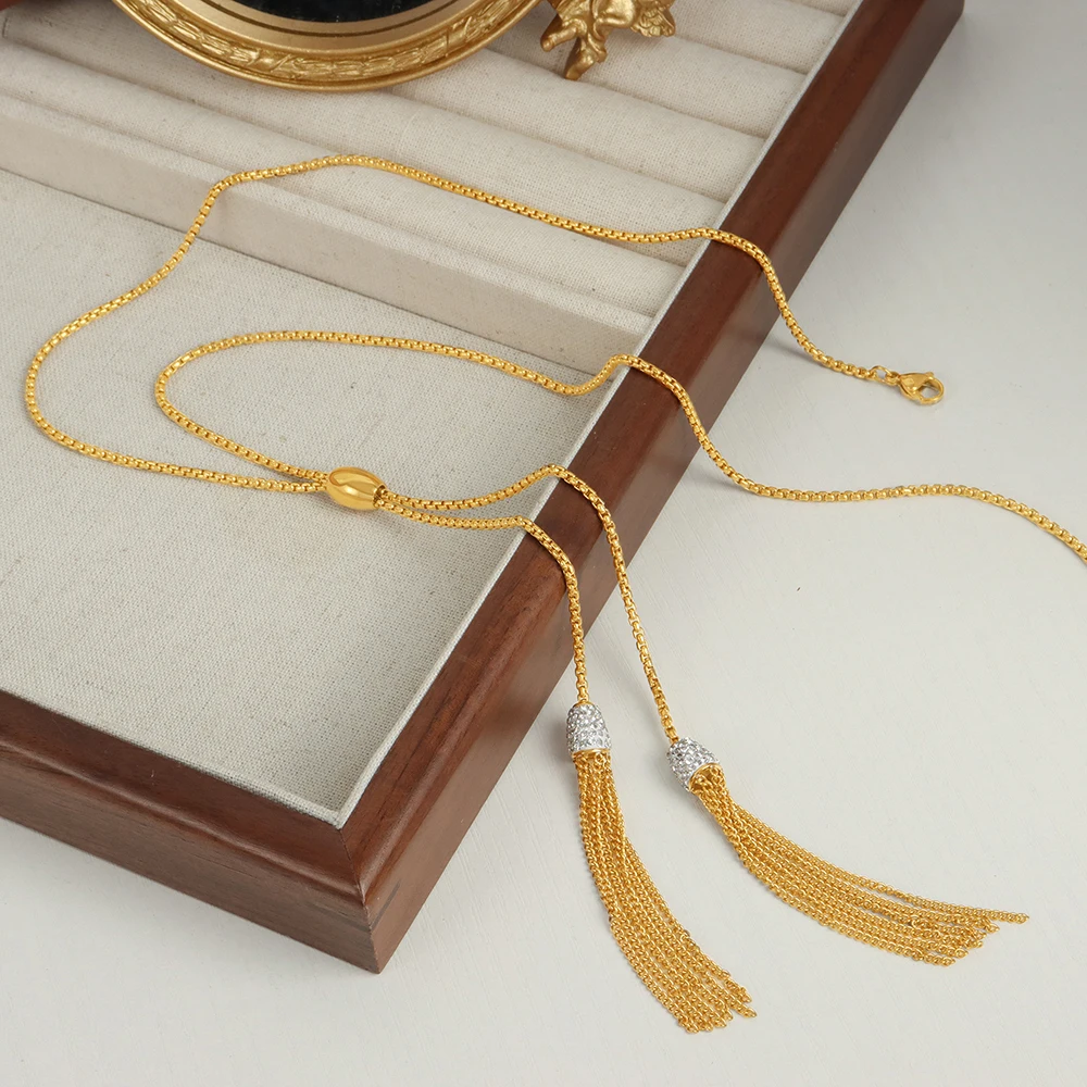 Golden Stainless Steel Necklace For Women Thin Box Chain Long Tassels Rhinestone Women  Collar Choker Waterproof Wedding Jewelry