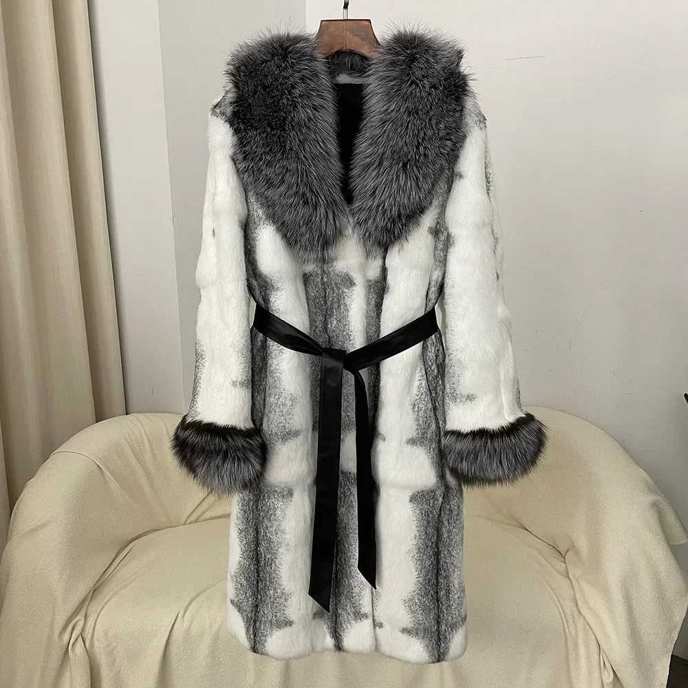 

2024 New Autumn and Winter Women's Thick Fur Coat True Fox Fur Collar Coat Rabbit Hair One-piece Long Fashion Warm Woman Coats