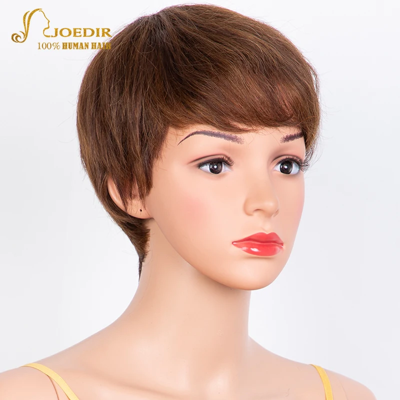 Joedir Wholesale Clearance Brown Color Short Wavy Bob Pixie Cut Full Machine Made Human Hair Wigs With Bangs For Black Women