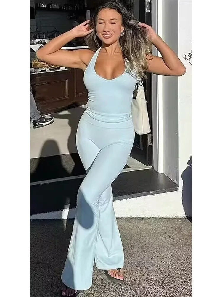 

Sexy Backless Neck Hanging Top with Chest Pad Small Design Denim Flared Pants Set American Style Hot Girl Summer Fashion Set