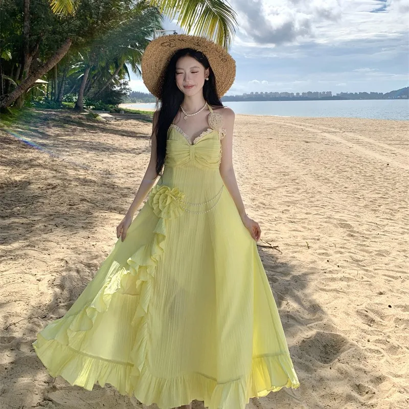 

Yellow Three-dimensional Flower Ruffle Halter Neck Dress For Women Summer Seaside Vacation Bohemian Dress Sleeveless Vestidos
