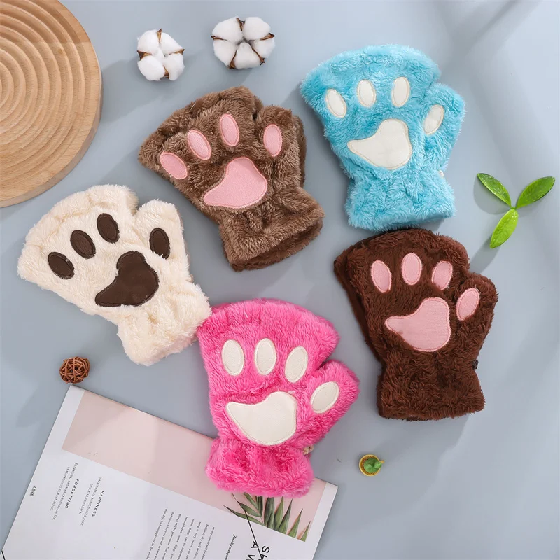 Lovely Cat Claw Paw Plush Gloves Women Winter Warm Half Finger Gloves White Cute Fluffy Girls Mittens Soft Short Cycling Gloves 