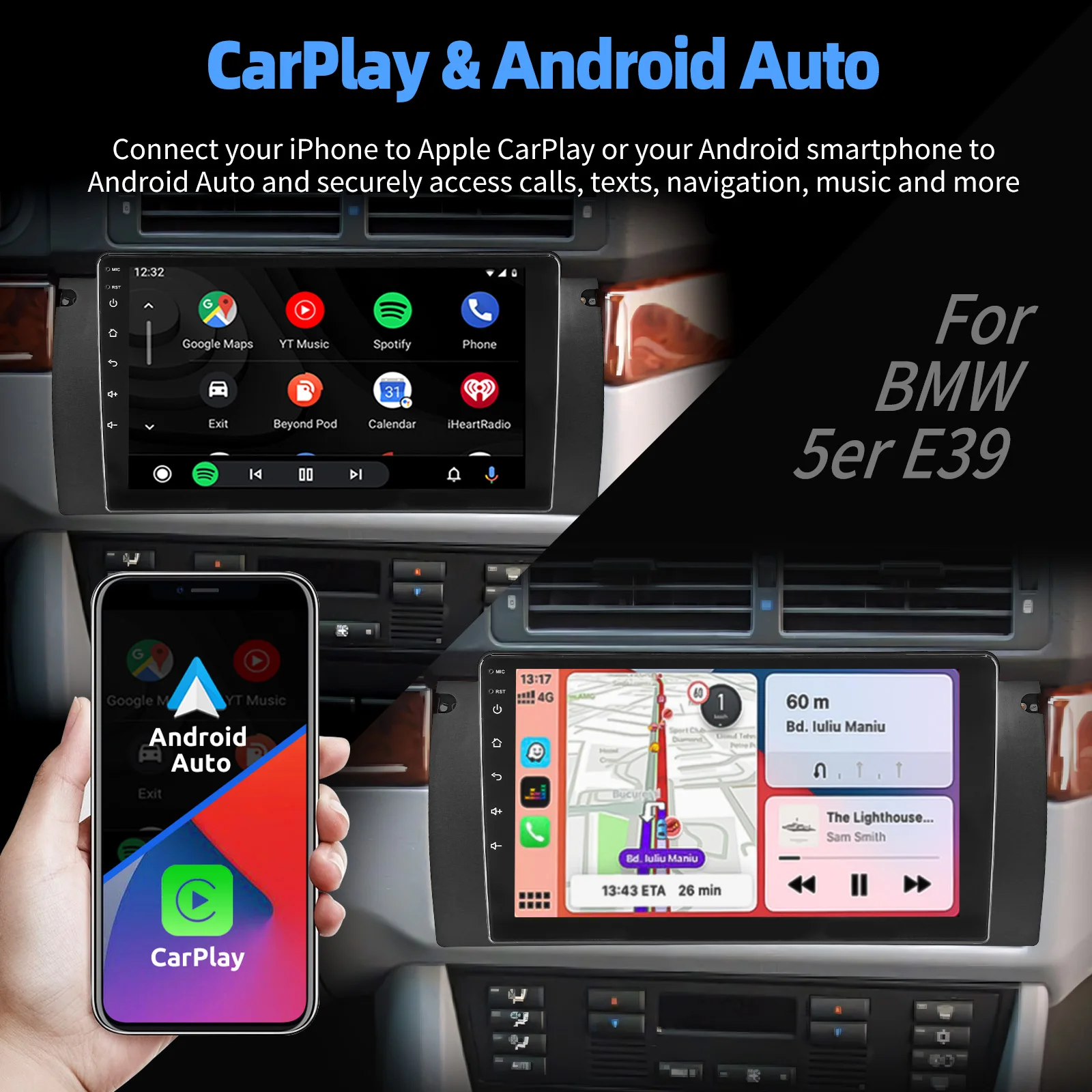 ESSGOO Android 15 9 Zoll IPS Touchscreen Display Apple CarPlay Android Auto Autoradio GPS Navigation USB Spiegel Link Lenkradfernbedienung WIFI Bluetooth FM ASP Geteilter Bildschirm Für BMW 5er E39 X5 E53 7er – Detail 13