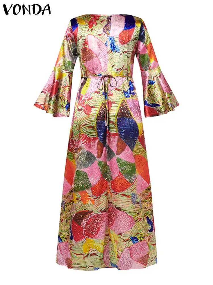 VONDA Plus Size 5XL Women Bohemian Maxi Dress Elegant Printed Long Shirt Dress Summer Long Flare Sleeve Sundress Party Vestidos