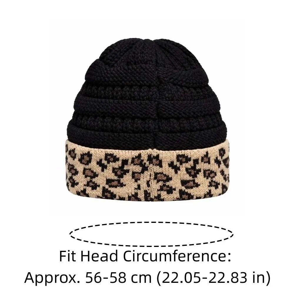 Wintermütze, verdickte Leopardenmütze, elastische Patchwork-Strickmütze, Y2K, weiche, warme Kopfbedeckung, zum Skifahren – Detail 1
