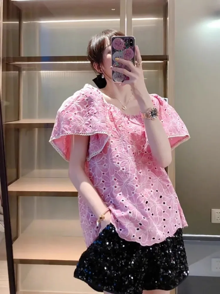 Mode doux Style coréen femme évider crochet fleur chemises manches évasées col carré Slash cou coupe ample hauts pullover