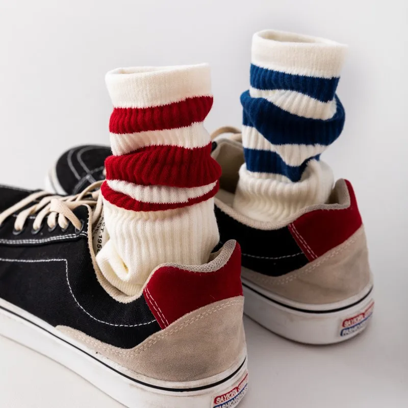 women men Sports Striped Cotton Medium Tube Socks Vintage  Unisex Couple Terry Socks Japanese Thick West Coast Sports Socks