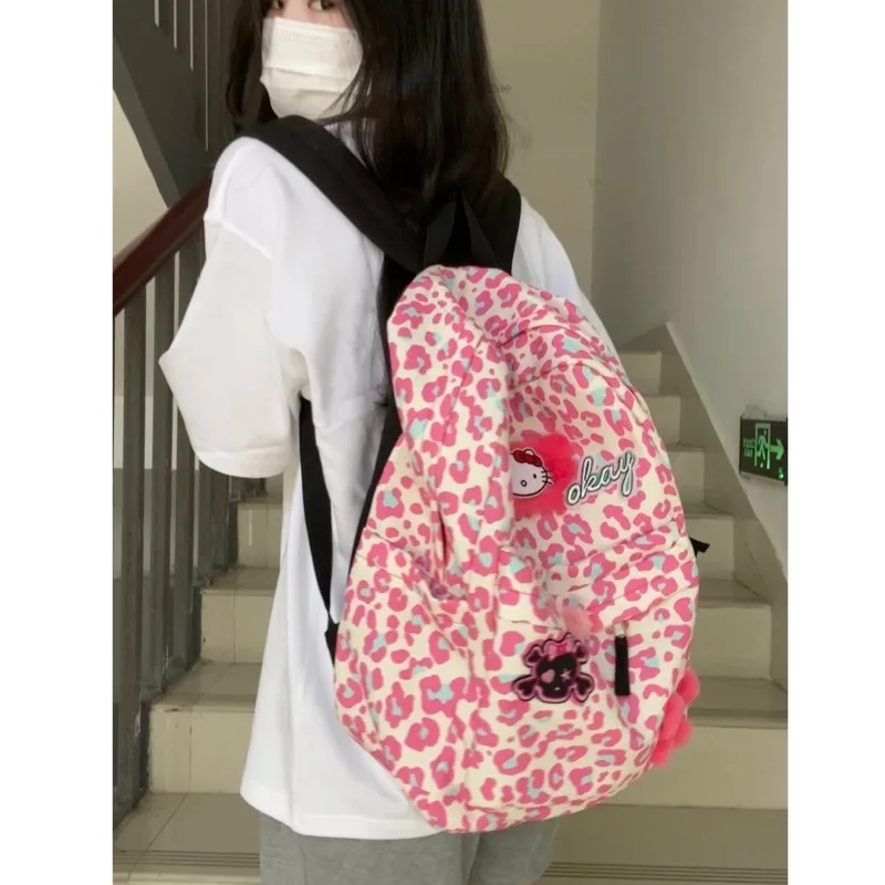 Sanrio Hello Kitty Y2K Fashion Backpack Sister Cute Pink Leopard Print Schoolbag Sweet Cartoon Animation Zipper Student Bag Girl