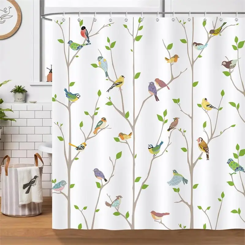 

Занавески для душа с птицами: красочные птицы на дереве с зелеными листьями, в стиле фермерского дома, из полиэстеровой ткани, для декора ванной комнаты, с крючками