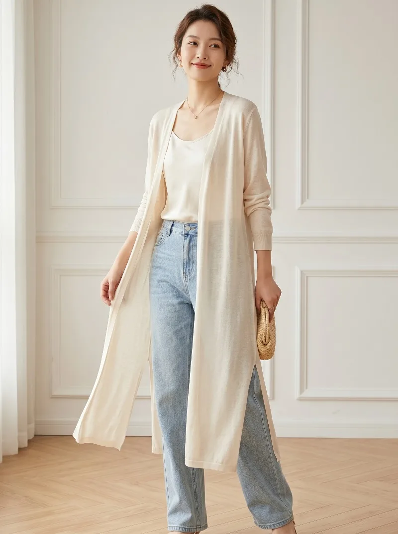 Ladies Ice Silk Knit Sun Protection Coat Loose Three Quarter Sleeve Open Front Cardigan Casual Thin Breathable Daily Outerwear view 4