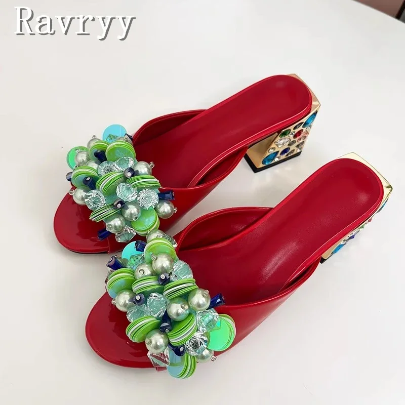 

Luxury Gemstone Thick Heels Women Slippers Summer New Open Toe Middle Heels Sandals Fashion Runway Party Shoes