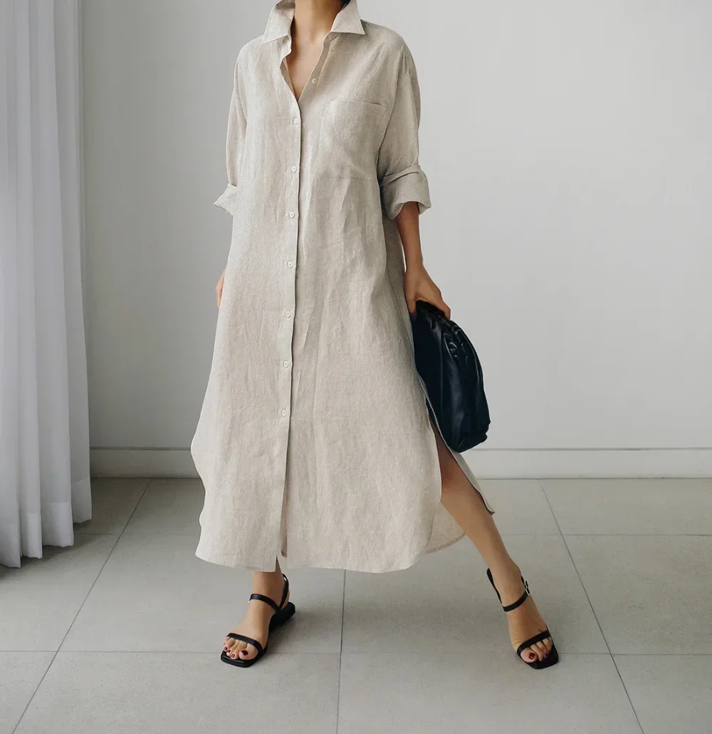 Women's Spring/autumn New Fashion Loose Shirt Dress Over The Knee Long Outside with Cotton Linen Shirt Solid Color Split Dress