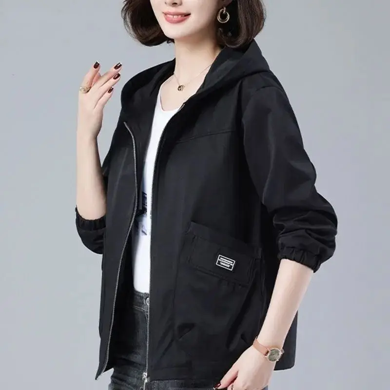 Women's Cardigan Zipper Hooded Pocket Patchwork Jacket 2023 Spring and Autumn Female Loose Long Sleeve Casual Windbreaker Coat