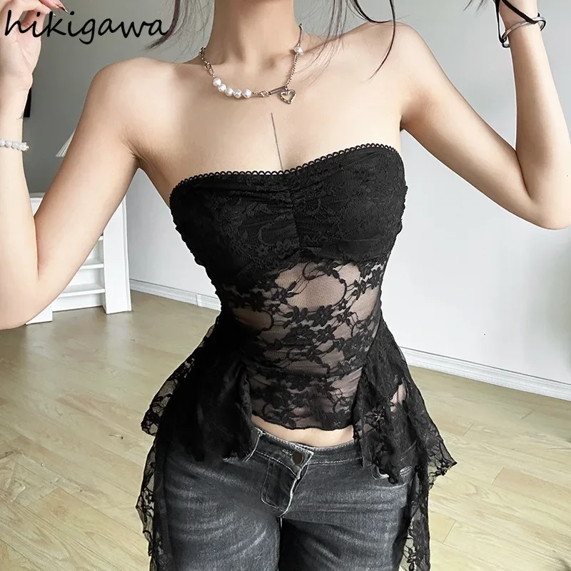 

Кружевной укороченный топ, женская одежда, модные сексуальные майки, туника с открытой спиной и кисточками, корейские майки 2025 Ropa Mujer, прозрачный летний жилет Y2k