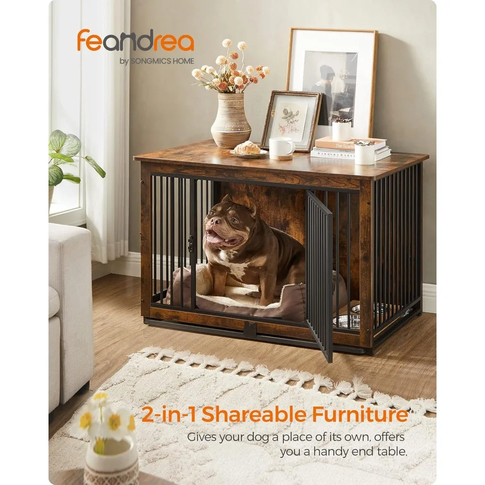 Dog Crate Furniture, for Dogs up to 70 lb, with Removable Tray, Heavy-Duty Dog Cage End Table, Double Doors Dog House