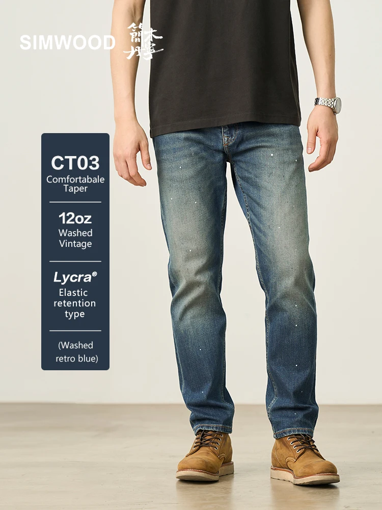 SIMWOOD High Standard 2025 Autunno Comodo Jeans affusolati Uomo 12oz Tessuto elastico Vernice Splatter Pantaloni in denim