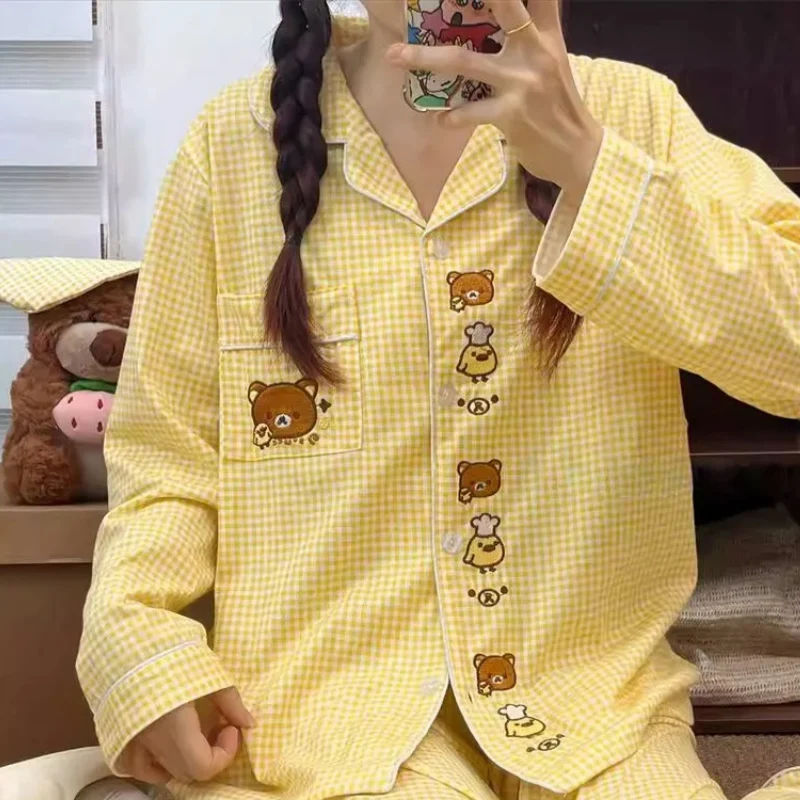 بيجامة Rilakkuma للنساء في الربيع والخريف سراويل بأكمام طويلة من القطن الخالص فتاة كرتونية صفراء متقلب ملابس منزلية لطيفة