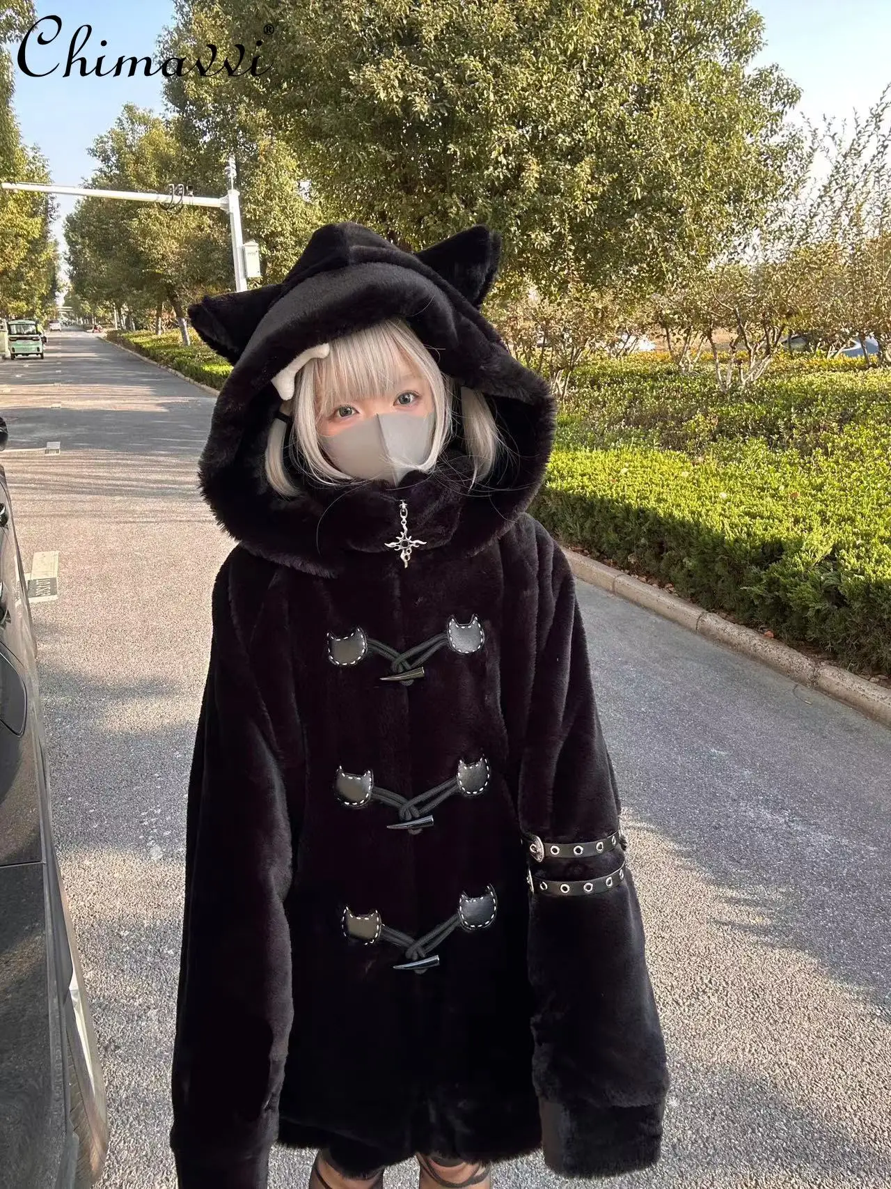 

Japanese Style Thickened Subculture Cute Cat Ear Hooded Jacket Original Gothic Punk Long Sleeve Warm Winter Furry Coat Top