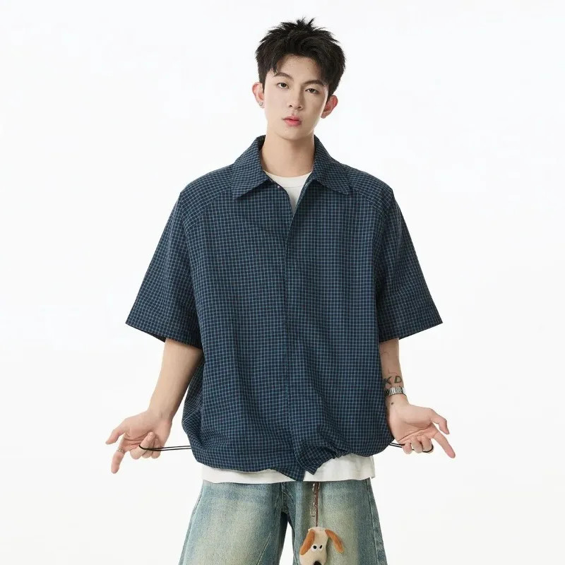 Camisas Retro Japonesas de Manga Curta em Xadrez para Homens e Mulheres, Blusas Casuais Americanas Soltas de Manga Curta