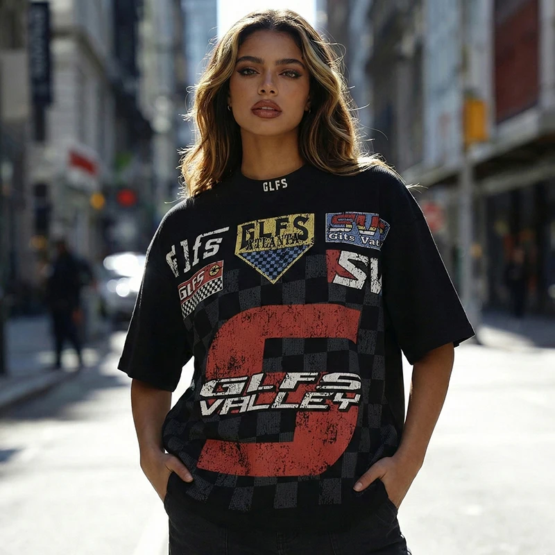 

Waffle T Shirt Men Vintage Racing Distressed Graphic Tees Oversized Streetwear Hip Hop Harajuku Cotton Tops Summer Y2K Grunge