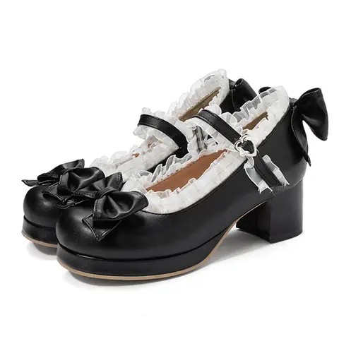 2026 Plus Size 30-48 Women's Candy Colors Mary Janes Pumps Bow Tie Ruffles Black Pink Platform Sweet Block Heels Lolita Shoes