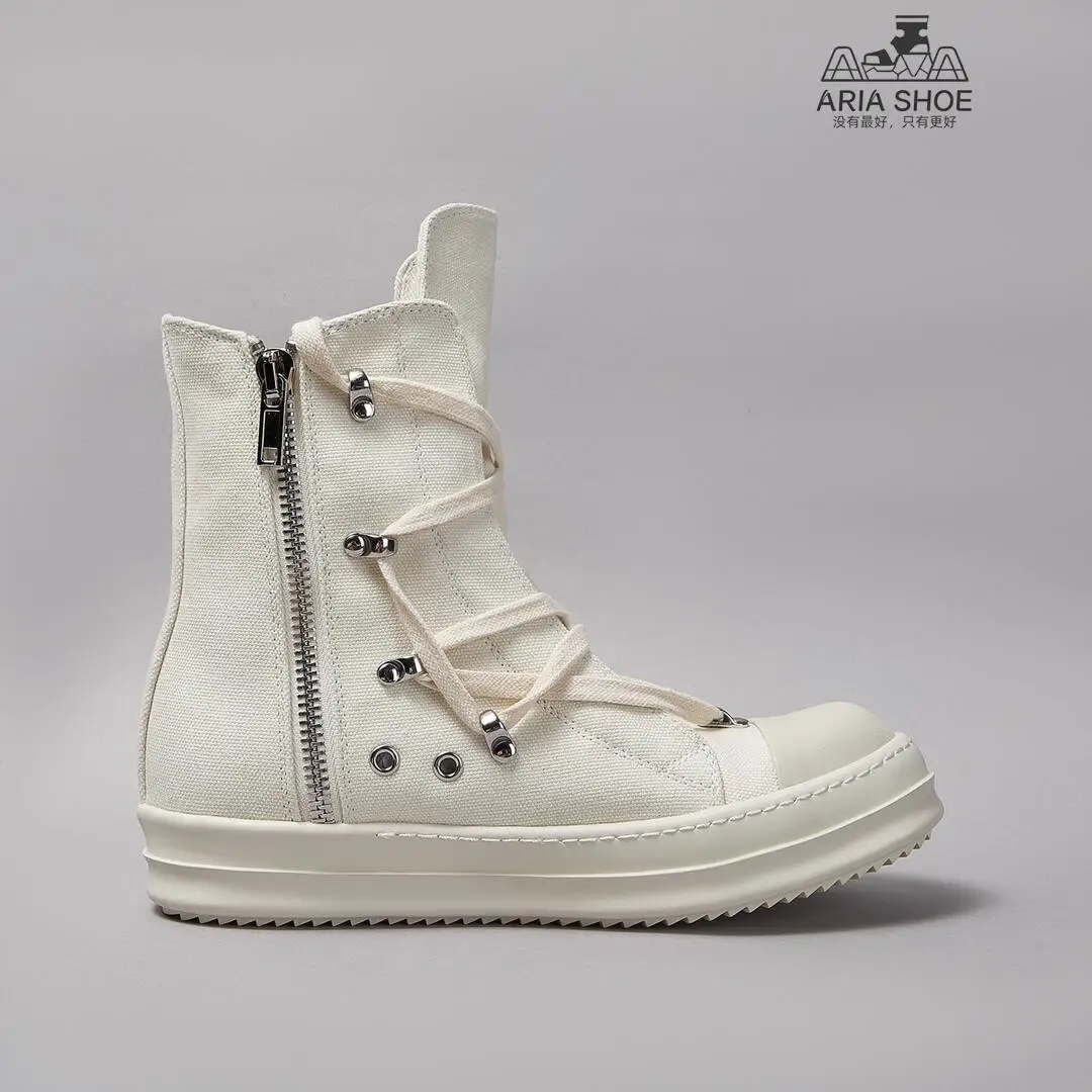 RO Brand Retro Style Ricks Luxury Casual Shoe Men Owens Quality White Canvas High Top Pentacle Ankle Boots Women Zipper Sneakers