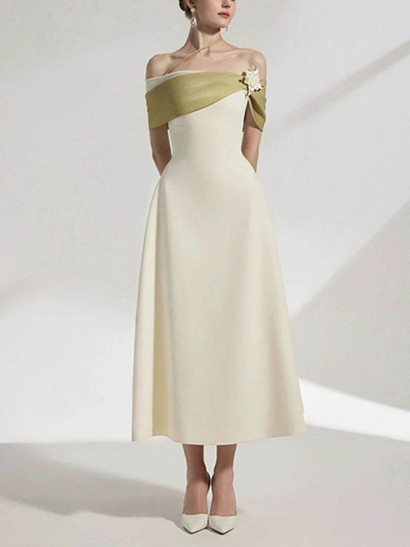 

Elegant Color Block Gown with Waist Cinching Strapless Dress Fashionable mid Waist A-Line Skirt for Women in Wedding And Party